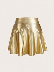 Falda de mujer casual de cintura alta de material de punto y PU - Dorado - Ver 2
