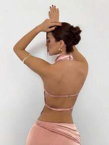 Camiseta sin espalda con cuello alto y cordón en el bajo, color marrón, para mujer, para fiesta y eventos de otoño/invierno - Rosa vieja - Ver 3