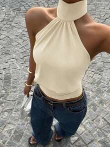 Top de punto con cuello de halter color albaricoque para mujer - Albaricoque - Ver 8