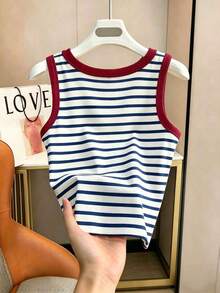 Chaleco de mujer/Blusa de bloques de color/Chaleco con estampado digital a rayas de perro salchicha y cachorro/Camiseta de tirantes acanalada/Blusa casual de moda de cuello redondo para mujer/Verano - Multicolor 5 - Ver 2