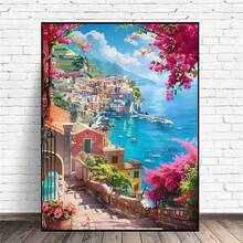 一套DIY钻石画艺术套装 - 海滨小镇风景图案，圆形钻石马赛克艺术品，适合初学者，家居墙面装饰，独特礼物，不含画框 - 無框 - 查看 2