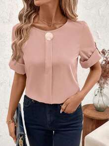 Clasi Blusa casual sencilla para uso diario con cuello redondo, manga corta y botones delanteros para mujer - Rosa Pálido - Ver 5