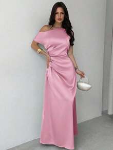 Vestido elegante asimétrico de hombro con pliegues y bajo de cola de sirena en color verde, adecuado para citas, vacaciones, bodas, eventos, regreso a la escuela, graduación, vestido de dama de honor formal, vestidos elegantes para mujer - Rosa 2 - Ver 3