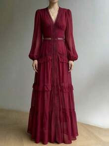 Vestido maxi elegante de manga larga con volantes, cuello en V y parches de color sólido para mujeres, ideal para bodas, fiestas bohemias, bailes de graduación y eventos de verano - Burdeos - Ver 4