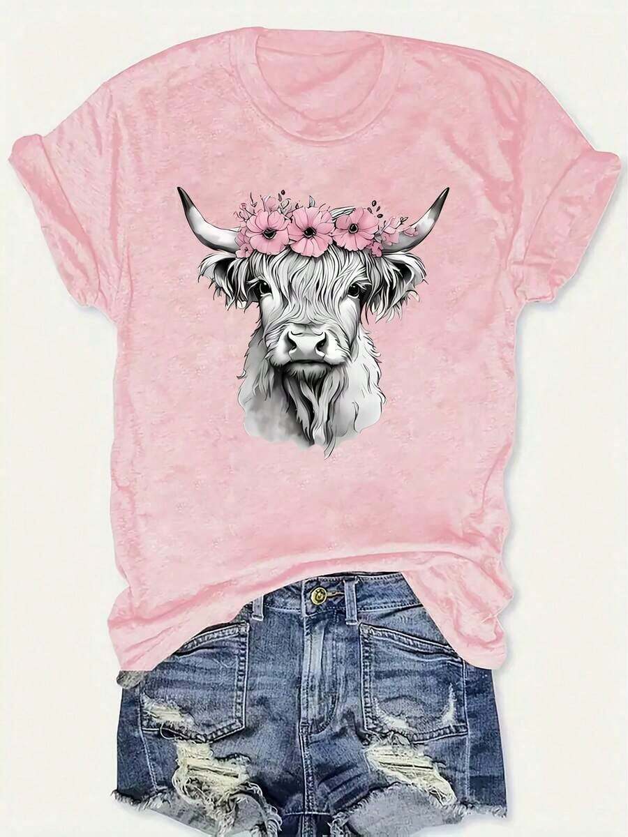 Camiseta de Mujer con Estampado de Vaca Highland Rosa - Diseño de Corona Floral, Cuello Redondo Casual, Manga Corta, Semitransparente, Cómoda para las Cuatro Estaciones, Lavable a Máquina, Estampado Artístico, Ropa Cómoda de Elasticidad Media - Rosa - Ver 1