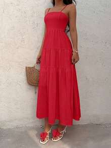 YHHSunnyshic Vestido de tirantes con cordón y pliegues en tela texturizada color albaricoque, holgado y estilizador, estilo vacacional, sin mangasYHH - Rojo fuego - Ver 6