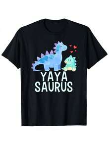 1 Yaya Saurus Black T-Shirt With An Adorable Blue Dinosaur And The Yaya Saurus Logo, Adorned With Pink Hearts And The Name Saurus - A Soft Unisex Crew Neck T-Shirt, Ideal For Men, Perfect For Casual Summer Outfits - 黑色 - 查看 6