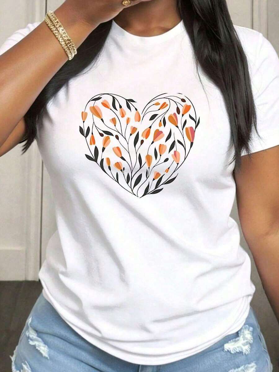 Camiseta de Mujer Talla Grande Wildflower Plant Love, de Manga Corta y Cuello Redondo, con Tela de Elasticidad Media, Adecuada para Atuendos Casuales de Primavera, Verano y Otoño, Lavable a Máquina, Diseño Divertido - Blanco - Ver 1
