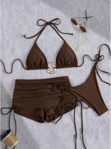 Traje de baño de dos piezas para mujer, traje de baño sexy con tiras sencillas, conjunto de bikini ajustado de tres piezas. - Negro - Ver 8