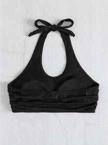 Top de bikini sin tirantes de color sólido con cuello halter y lazos, traje de baño de playa sin espalda. - Negro - Ver 8