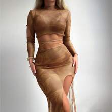 New Two-Piece Swimsuit Set With Long-Sleeved Skirt Style. - Brown - View 9