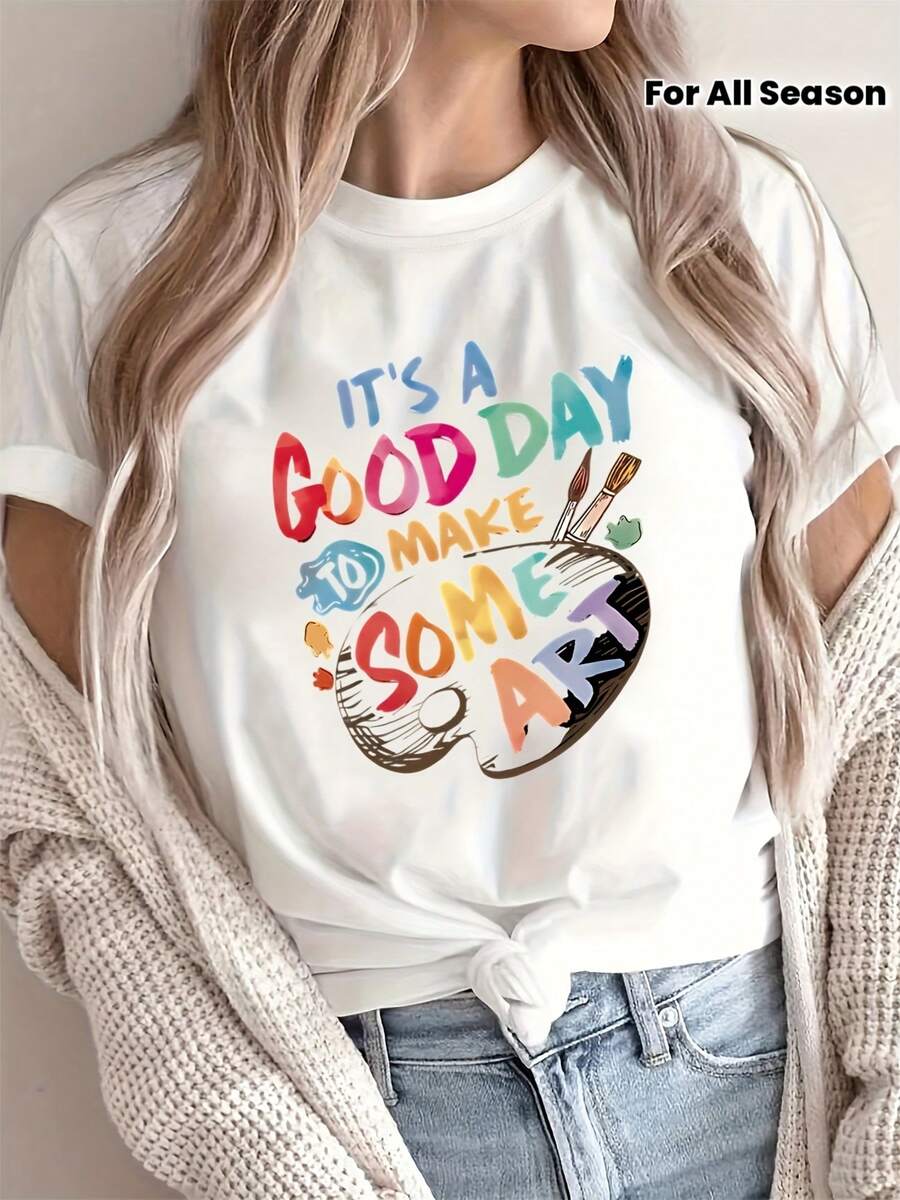 1 pieza de sudadera casual de moda con estampado de letras para mujer, camiseta de cuello redondo, 180g 100% algodón. - Blanco - Ver 1