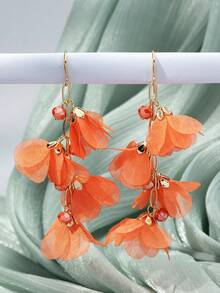 1 Pair Women's Elegant Fabric Flower Long Earrings, Suitable For Daily Wear (Bead Color Random) - Orange - E1339 - View 2