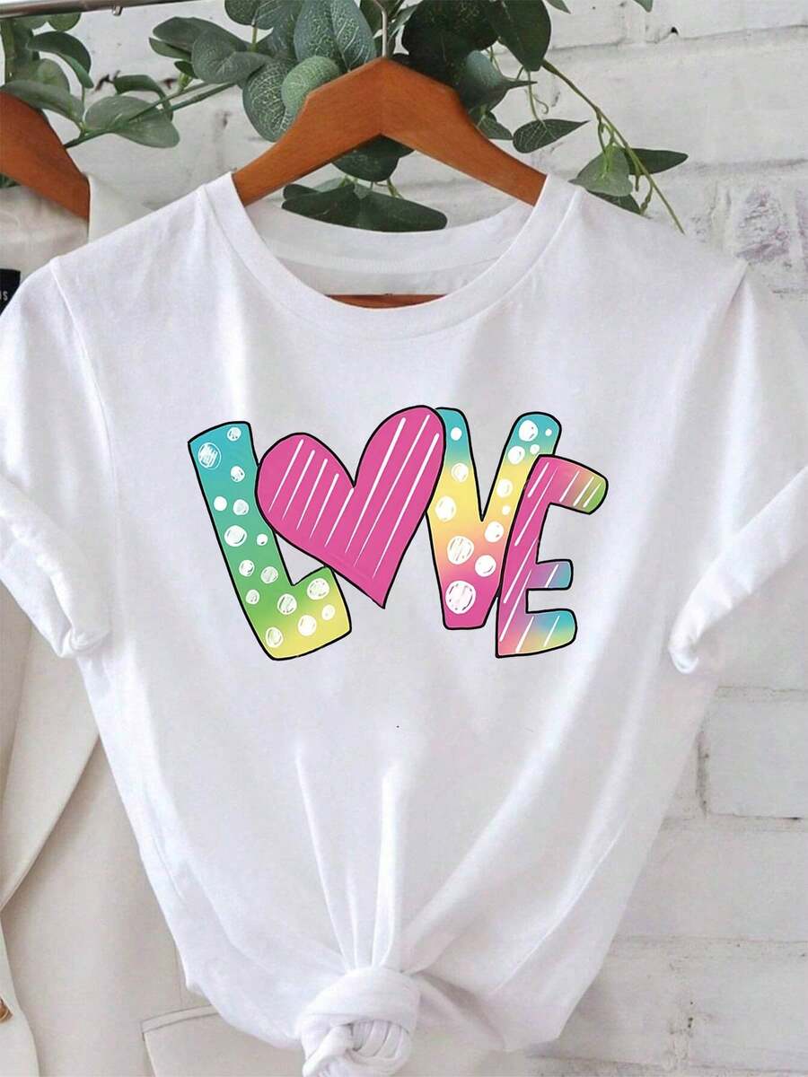 Camiseta de Mujer con Estampado de Letras de Amor Arcoíris, Camiseta Casual de Manga Corta y Cuello Redondo para Primavera-Verano | Estilo Diario, Salidas Diarias, Regalo de Vacaciones, Blusas para Salir para Mujer - Blanco - Ver 1