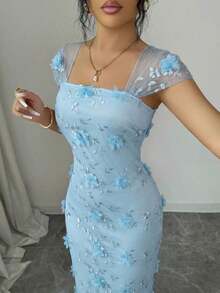 Vestido midi de mujer con cintura fruncida, elegante y romántico, con bordado de malla, adecuado para la temporada de bodas, fiestas, citas y salidas casuales en primavera/verano - Azul - Ver 7