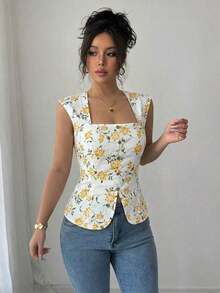 Blusa elegante y vintage de mujer con estampado floral diminuto, sin mangas, con cuello y abotonada, de estilo romántico francés campestre para el verano - Multicolor - Ver 6