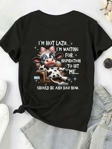 A Fun And Lazy Cow T-Shirt With The Slogan 'I'm Not Lazy, I'm Waiting For Inspiration' - A Casual Black Short-Sleeved T-Shirt Adorned With A Lazy Cow Wearing A Bow And Glasses, Humorously Designed For Animal Lovers And Creative People - 黑色 - 查看 5