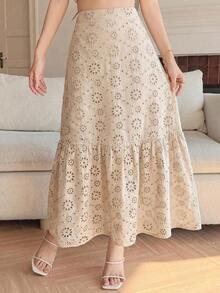 Falda elegante de mujer con volantes bordados y dobladillo calado en color albaricoque - Albaricoque - Ver 1
