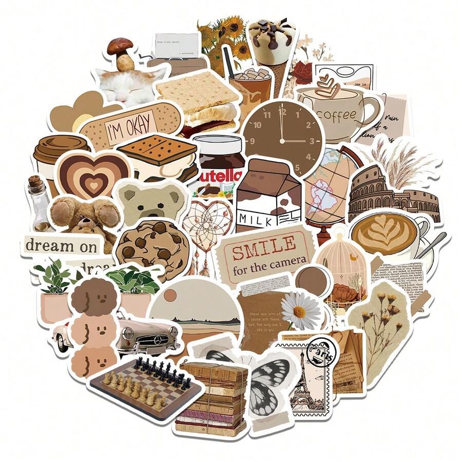 60pcs Brown Aesthetic Retro Stickers, Cute Graffiti Decals For Guitar, Notebook, Water Bottle, Ins Style School Supplies - 1 Set - View 1