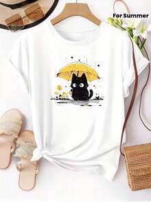 1 camiseta de manga corta con temática de sanación, con un lindo estampado de un gato sosteniendo un paraguas amarillo, top de cuello redondo para mujer, camiseta casual, adecuada para uso diario en primavera/verano, ropa de mujer, 180g, 100% algodón. - Negro - Ver 6