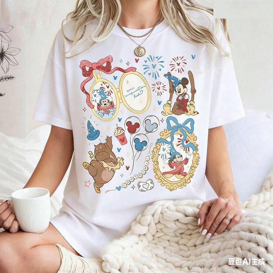 Officially Licensed Disney Women's T-Shirt With Fantasia And Minnie Mouse Design. Vintage Coquette Style With A Bow And The Magician From Fantasia Design. Soft Round Neck, All-Season Casual T-Shirt With Durable Print. - trắng - Xem 1