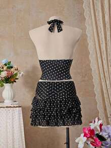 Women's Sexy Polka Dot Print Tie-Neck Tankini Swimsuit With Open Back, Suitable For The Beach And Vacation - 黑白2 - 查看 2