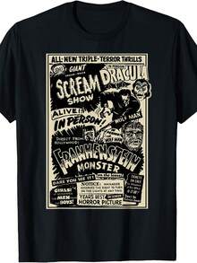 Camiseta de terror con monstruos, momias, Drácula, hombres lobo y Frankenstein. Camiseta unisex de algodón puro de 220 g. Peso ideal para todas las estaciones, apta tanto para hombres como para mujeres. Tejido duradero de alta calidad, suave al tacto y de larga duración. Prenda transpirable, ideal para el otoño y las vacaciones. - Negro - Ver 1