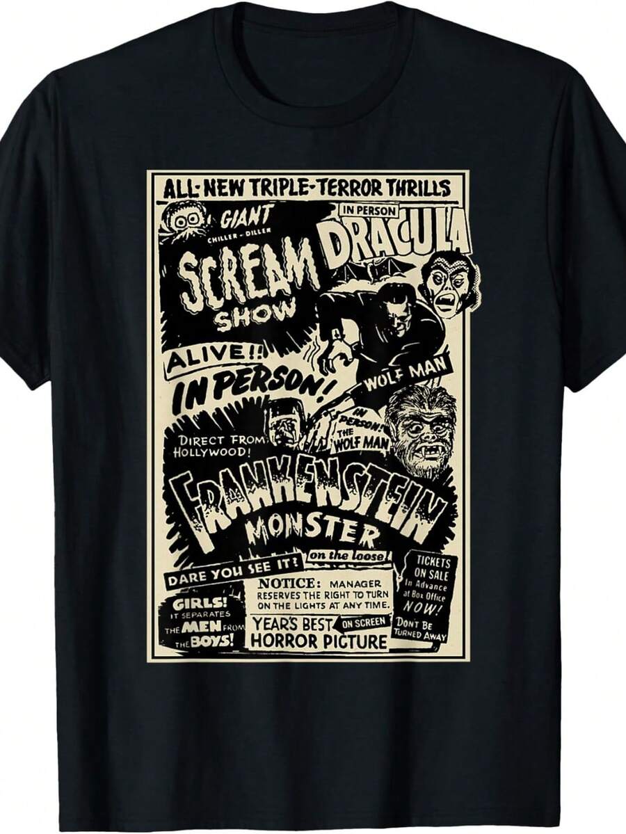 Camiseta de terror con monstruos, momias, Drácula, hombres lobo y Frankenstein. Camiseta unisex de algodón puro de 220 g. Peso ideal para todas las estaciones, apta tanto para hombres como para mujeres. Tejido duradero de alta calidad, suave al tacto y de larga duración. Prenda transpirable, ideal para el otoño y las vacaciones. - Negro - Ver 1