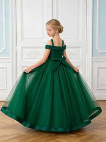 Tween Girls' Faux Pearl Decor Bow Mesh Elegant Birthday Party Dress, Suitable For Wedding, Prom, Does Not Include Headband - Dark Green - View 2