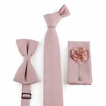 Bộ 4 món dành cho nam giới, làm từ sợi tre mềm mại, bao gồm cà vạt, nơ, khăn cài túi và hoa cài áo, thích hợp cho đám cưới, họp mặt và tiệc tùng. - Hồng - Xem 3