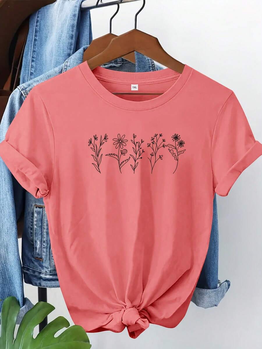 Talla Grande - Camiseta con Estampado Floral, Top Casual de Manga Corta y Cuello Redondo para Primavera/Verano, Ropa de Talla Grande para Mujer - Rosa empolvado - Ver 1