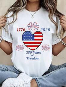 Women's Crew Neck T-Shirt With American Flag And Heart Print 1776-2026 250 Years Of Freedom, Fireworks, Short Sleeve, Independence Day Celebration, Patriotic Clothing For The 4th Of July Party - 白色 - 查看 1