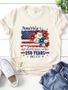 A Gift From God To You, 250th Anniversary Of US Independence 1776, Women's Crew Neck T-Shirt, American Flag Floral Design, For Independence Day Celebration, Comfortable And Soft - 杏色 - 查看 6