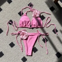 Nuevo traje de baño de dos piezas para mujer, de color sólido rosa, con tiras ajustables. - Morado - Ver 3