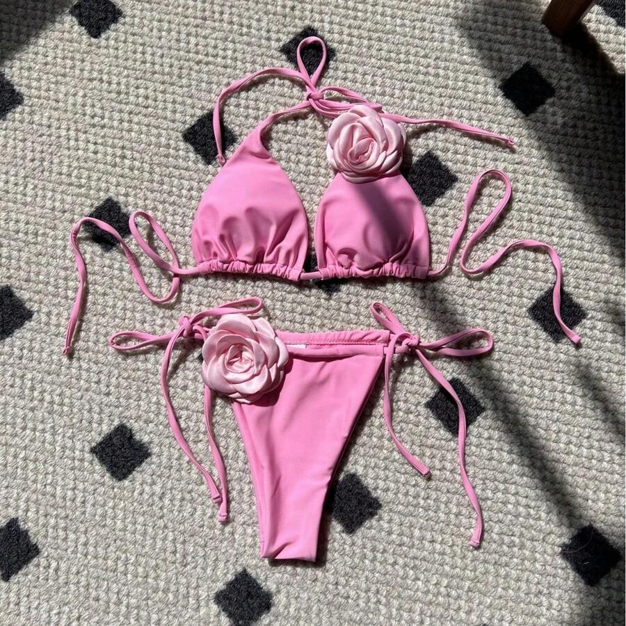 Nuevo traje de baño de dos piezas para mujer, de color sólido rosa, con tiras ajustables. - rosa - Ver 1