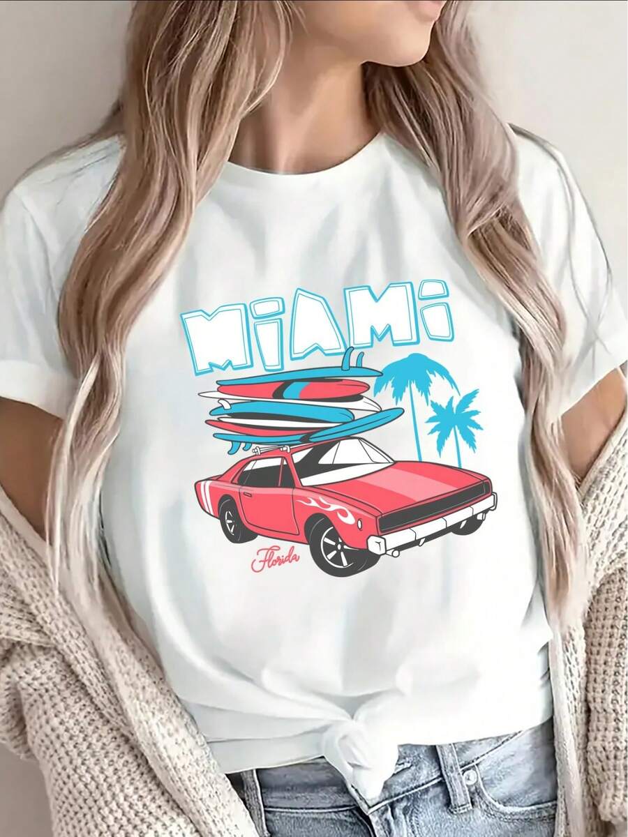 Camiseta con estampado de palmeras y coches de Miami Beach - Manga corta, cuello redondo, se puede combinar con un pareo, base negra con estampado de palmeras brillantes, ajuste cómodo, ropa casual de verano, adecuada para viajes a la playa, uso diario, lavable a máquina. - Blanco - Ver 1