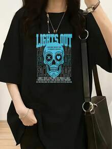 <lights out="">Camiseta con Estampado de Calaveras de Estilo Romántico Oscuro - Blusa Casual de Manga Corta con Cuello Redondo para Mujer, a la moda para primavera y verano, blusas para mujer, blusas, blusas casuales para mujer, tops para mujer, tops, unisex.</lights> - Negro - Ver 1