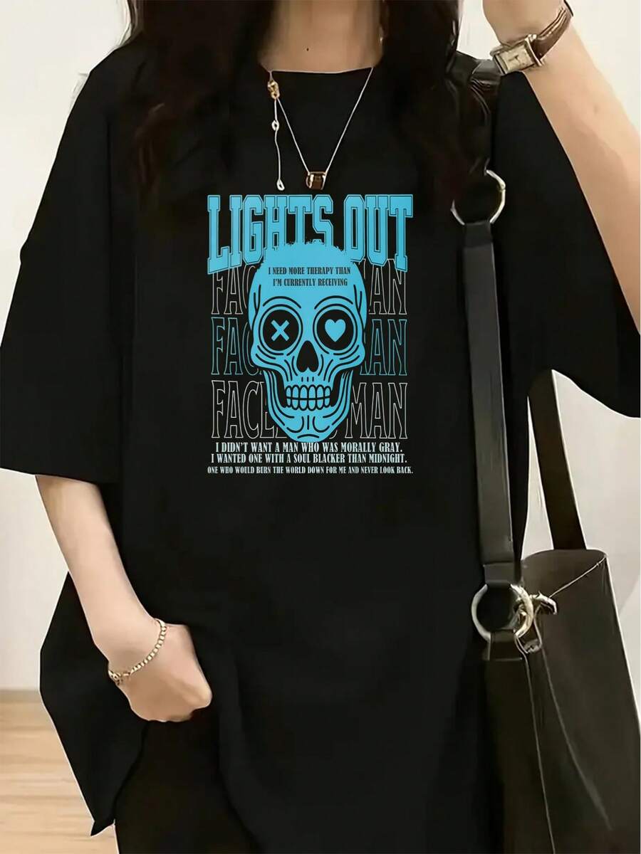 <lights out="">Camiseta con Estampado de Calaveras de Estilo Romántico Oscuro - Blusa Casual de Manga Corta con Cuello Redondo para Mujer, a la moda para primavera y verano, blusas para mujer, blusas, blusas casuales para mujer, tops para mujer, tops, unisex.</lights> - Negro - Ver 1