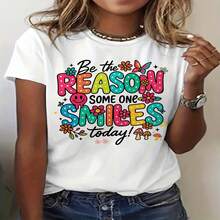 1 pieza, camiseta de manga corta de algodón puro clásica y versátil, adecuada para vestir en cualquier estación, con dise?o positivo y motivos modernos, estilo elegante - Blanco - Ver 2