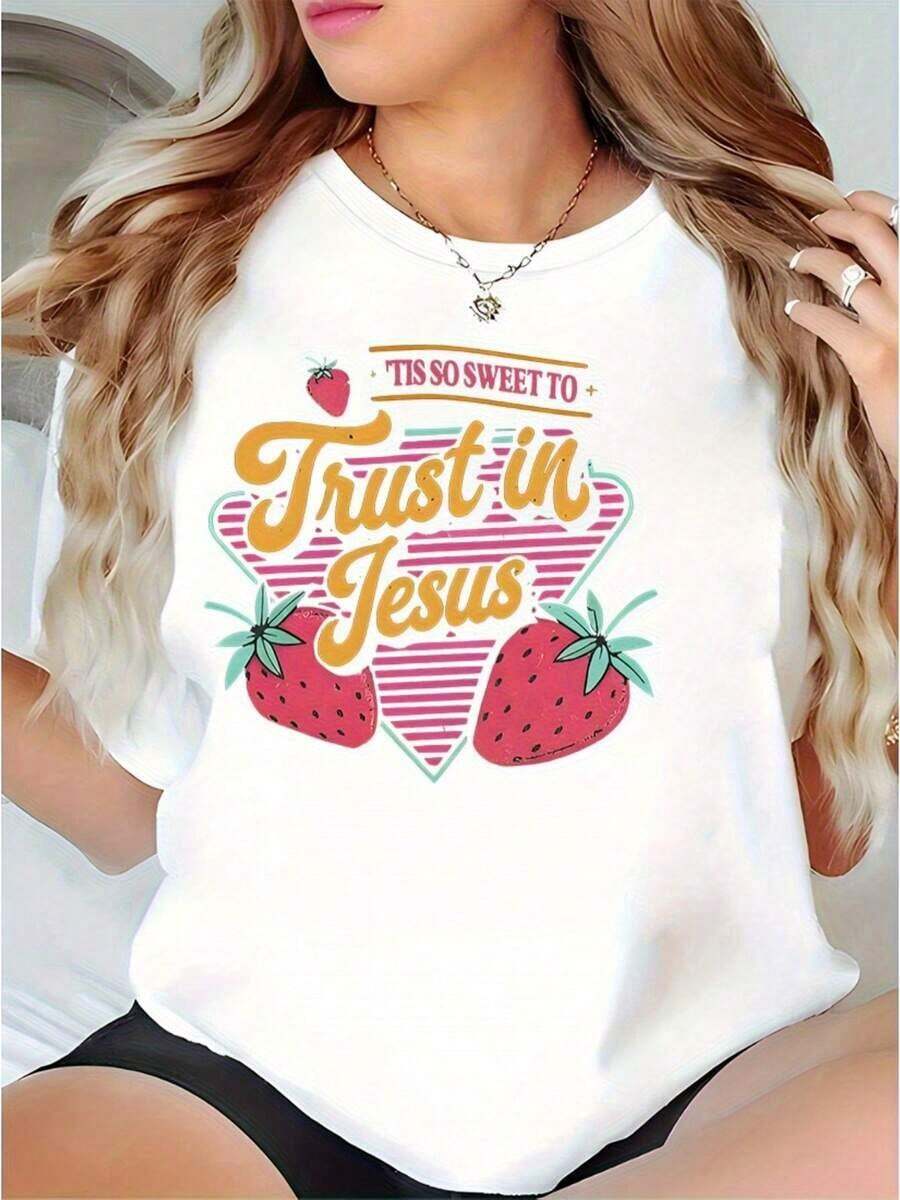 Ropa de Fe Cristiana para Mujer - Camiseta con Estampado de Fresas "Fe en Jesús", Top Holgado de Algodón Suave y Transpirable, Adecuada para Uso Casual en la Iglesia, Camiseta Blanca Lavable a Máquina, Camiseta con Diseño Divertido para Mujer - Blanco - Ver 1