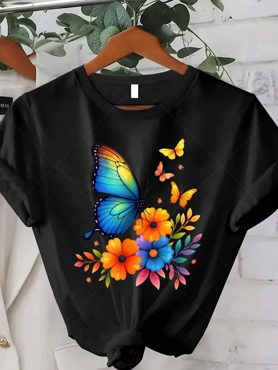 Talla Grande - Talla Grande - Camiseta con estampado de mariposas y flores coloridas, adecuada para mujeres de talla grande, es la elección perfecta para la moda casual de verano.Esta camiseta de manga corta y cuello redondo es perfecta para el verano y el otoño, lo que la convierte en un excelente regalo para el Día de Acción de Gracias y Navidad. Camiseta de Verano Fresca para Mujer - Negro - Ver 1