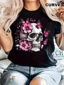 Camiseta de algodón puro en talla grande - talla grande - camiseta casual estampada para mujer, cuello redondo, manga corta, tela ligeramente elástica, estilo regular, top cómodo adecuado para todas las estaciones, ropa de mujer. - Negro - Ver 7