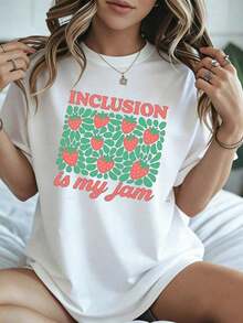 Elegant And Casual Women's Short Sleeve,Inclusion Is My Jam T Shirt Summer Strawberry Print White Casual Wear For Women Spring And Summer - 白色 - 查看 8