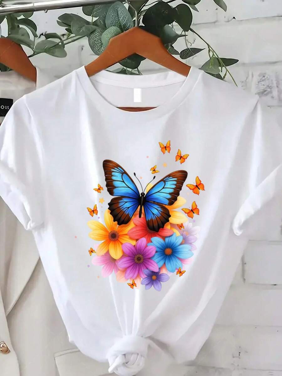 Plus Size - Plus Size - This Colorful Butterfly And Flower Print T-Shirt, Suitable For Plus-Size Women, Is The Perfect Choice For Casual Summer Fashion. This Short-Sleeved, Crew-Neck T-Shirt Is Perfect For Summer And Fall, Making It An Excellent Gift For Thanksgiving And Christmas. Cool Summer T-Shirt For Women - 白色1 - 查看 1