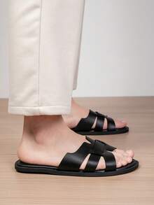 Sandal Selop Musim Panas, Desain Minimalis, Tali Ganda yang Bernapas, Tekstur Anyaman, Elegan untuk Dipakai di Luar & Dalam Ruangan - Hitam - View 9