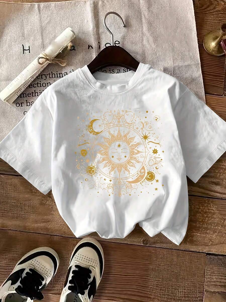 Women's T-Shirt With Solar System Design, Sun And Moon - Casual Knit Fabric, Round Neck, All-Season Comfort, Unisex Printed T-Shirt - Vintage Urban Style, Loose Fit Short Sleeve Cotton T-Shirt With Unisex Round Neck - 白色 - 查看 1