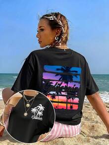Camiseta deportiva casual versátil de verano para mujer, con estampado de palmeras al atardecer y estilo retro de la  oeste de California, adecuada para uso diario en casa, salidas o como regalo. - Negro - Ver 6