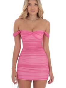 Bodycon Dress With Off-The-Shoulder Neckline, Lace Tulle, And Straps, In A Sensual Style - Hot Pink - View 4