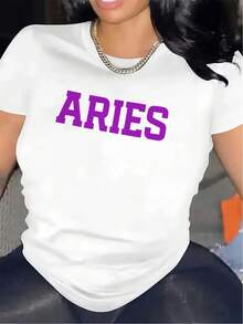 Camiseta de algodón de manga corta, diseñada específicamente para uso en el hogar y la sala de estar, con un ajuste duradero, ligero y cómodo, adecuada para el uso diario informal, con un elegante estampado de Aries en color morado en la parte frontal. - Blanco - Ver 12