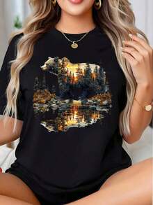 Camiseta con estampado gráfico de oso, reflejo del atardecer en el bosque, naturaleza y vida silvestre.Es una camiseta perfecta para regalar a amigos y familiares en cualquier fiesta u ocasión festiva, 220g - Negro - Ver 7